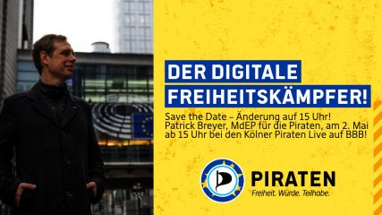 Änderung auf 15 Uhr! Patrick Breyer, MdEP für die #Piraten, am 2. Mai ab 15 Uhr bei den Kölner Piraten Live auf BBB!